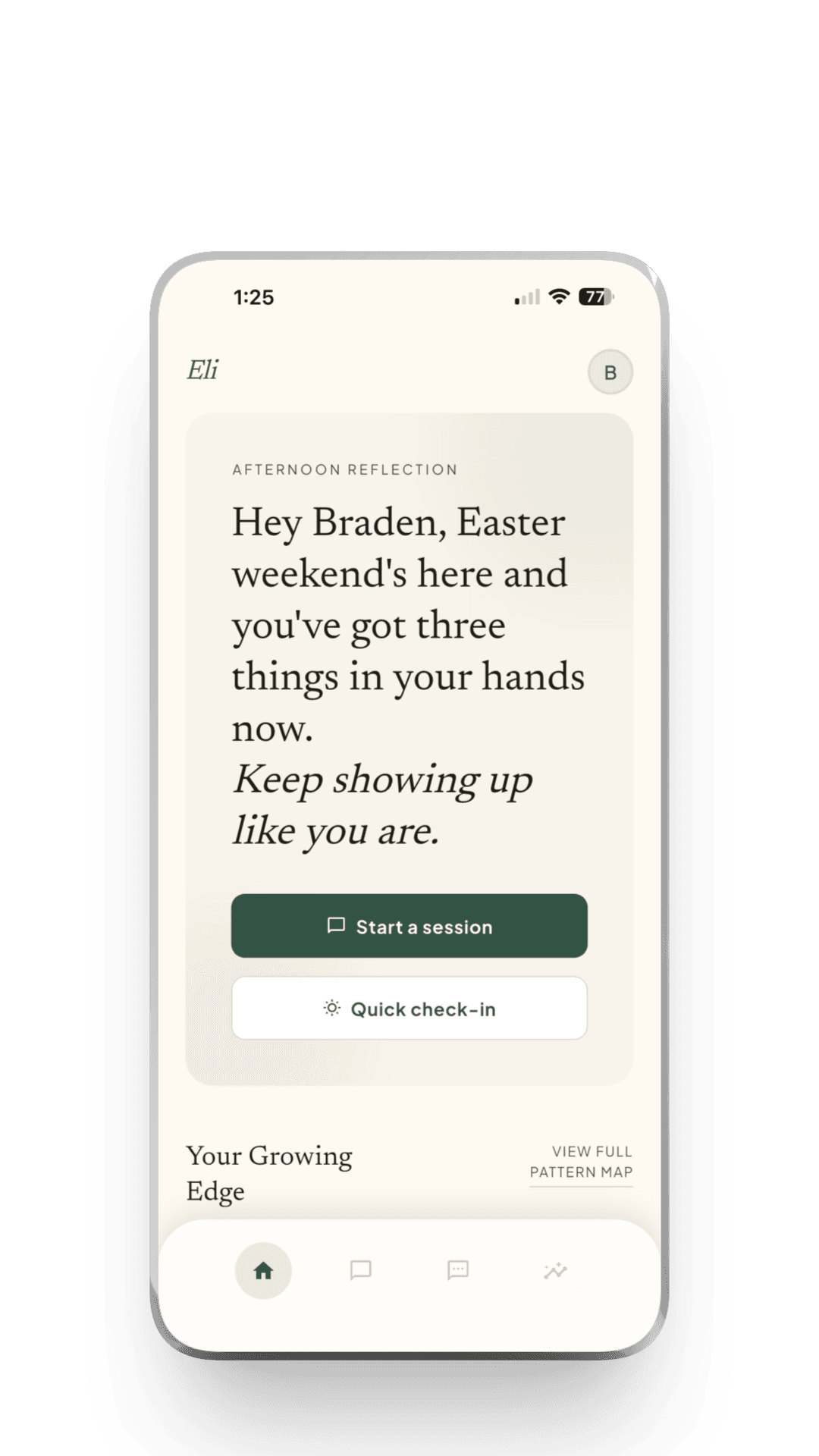 Eli home screen with a personalized afternoon reflection
